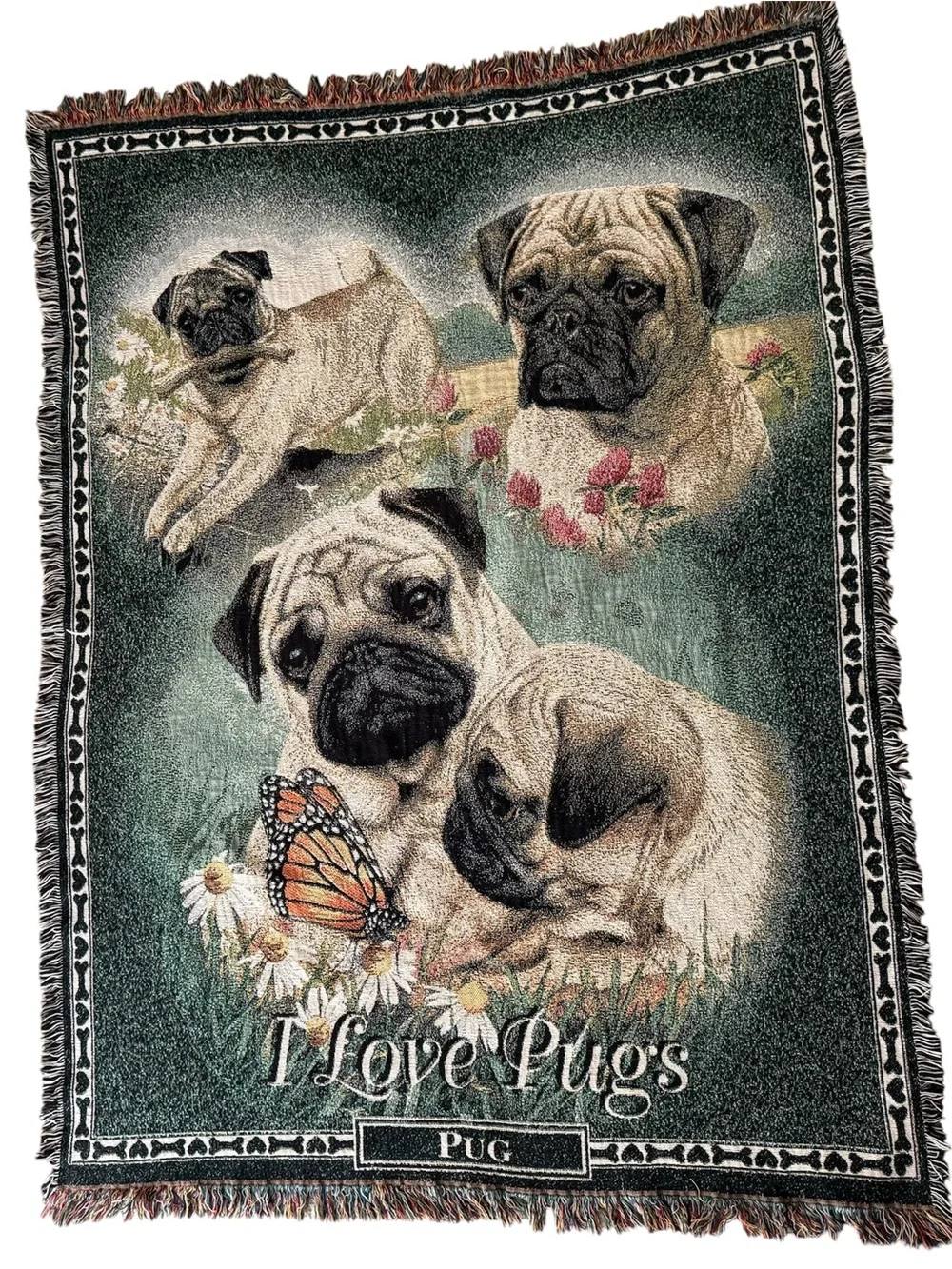 Vintage Danbury Mint I Love Pugs Woven Tapestry Blanket Throw USA Made